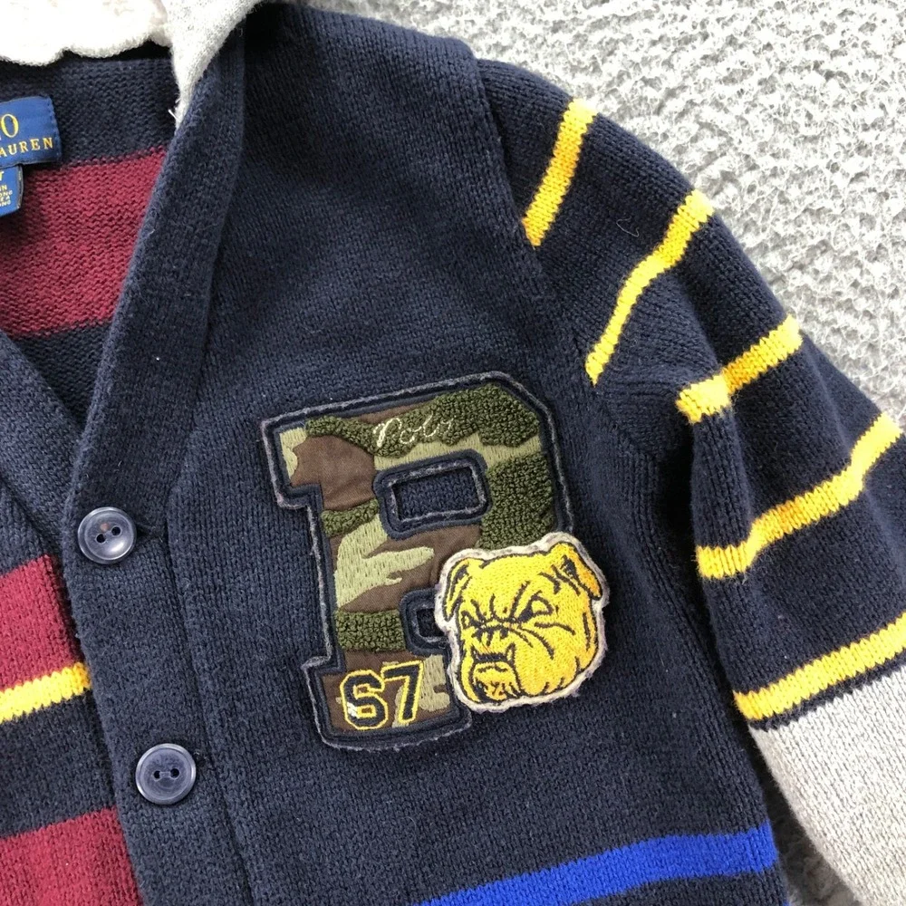 Polo Ralph Lauren Sweater Boys 4T Hood Knit Cardigan Bulldog Patchwork Letterman